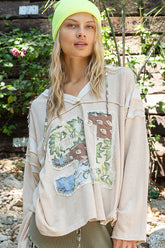 POL Exposed Seam Number Patch V-Neck Hooded Top OutfitFlow